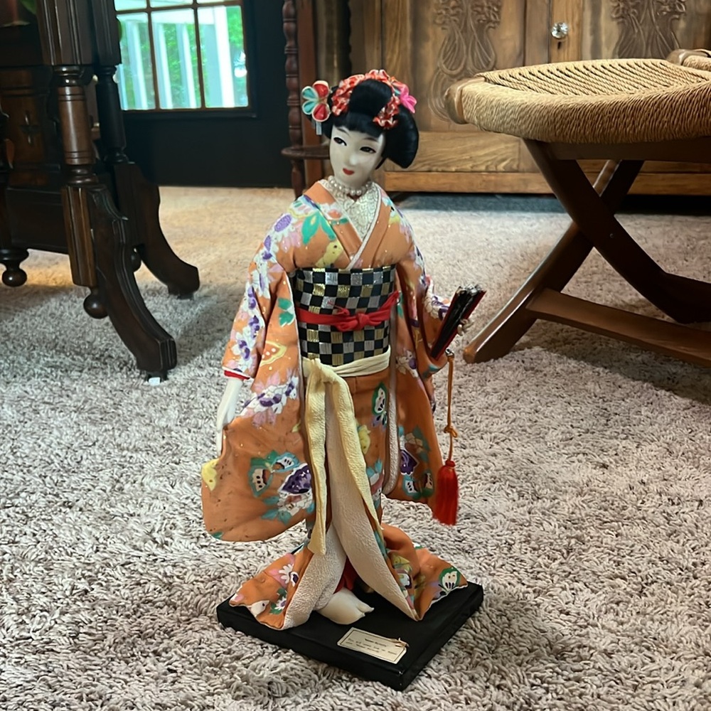 Vintage Japanese Geisha Doll with Floral Kimono- Known as Madam Butterfly.